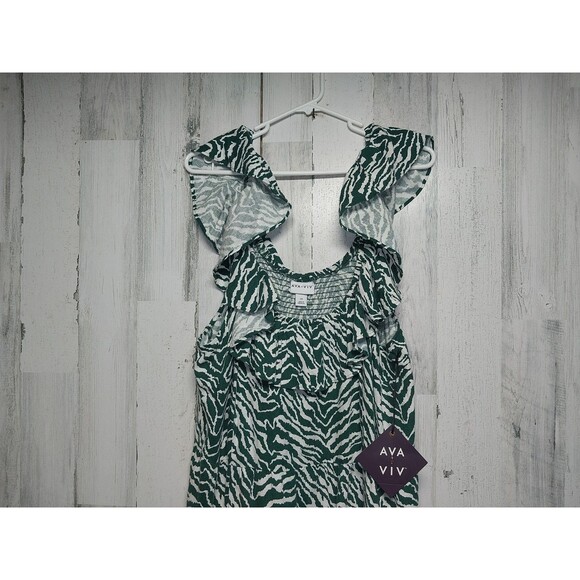 Ava & Viv Ruffle 2X Midi Linen Blend Dress Zebra Print Green & White NWT - Picture 2 of 9